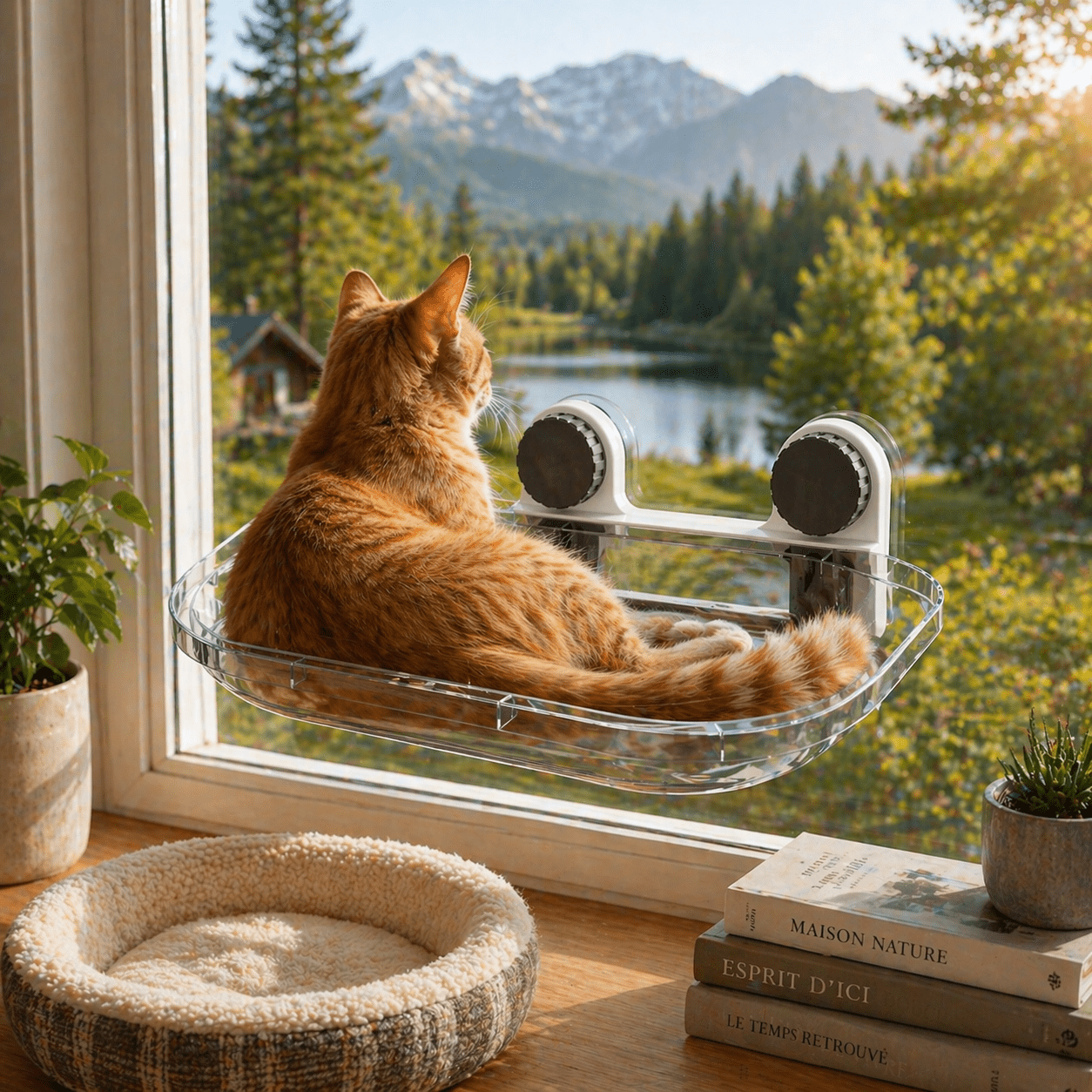 chat orange allonge sur perchoir chat fenêtre avec ventouses