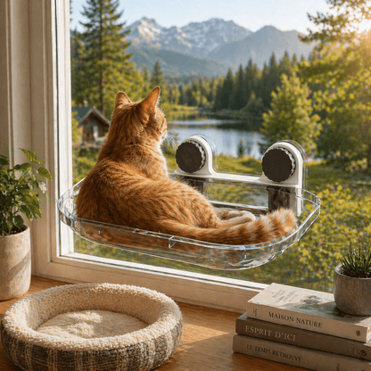 chat orange allonge sur perchoir chat fenêtre avec ventouses