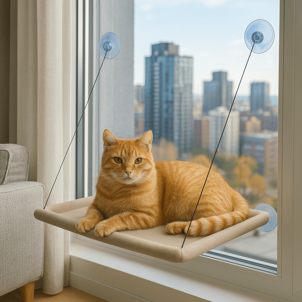 chat orange couche dans son hamac chat fenetre confortable