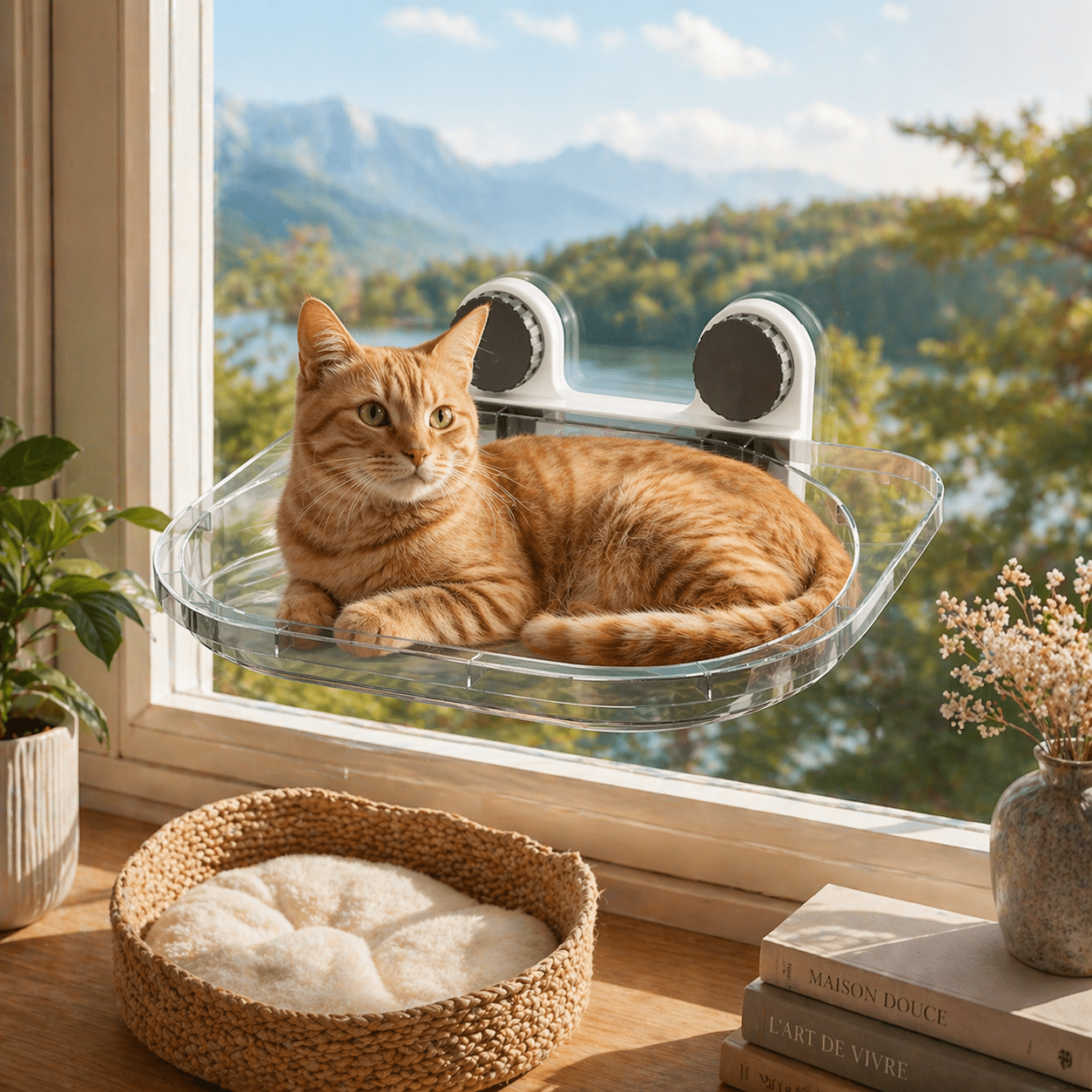 chat orange couche sur perchoir chat fenêtre avec ventouses