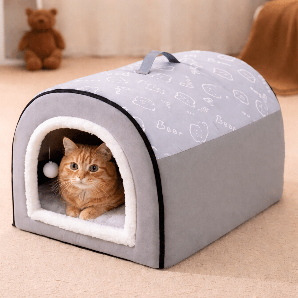 chat orange dans chat niche portative grise confortable avec balle