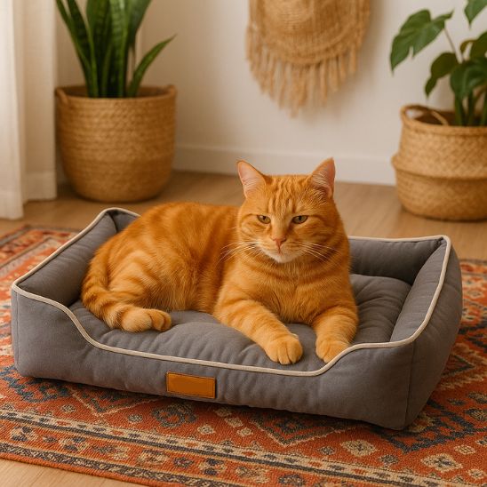 chat orange dans chat panier rectangulaire gris confortable