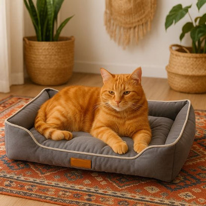 chat orange dans chat panier rectangulaire gris confortable