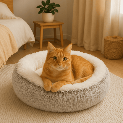 chat orange dans coussin à chat rond brun doux