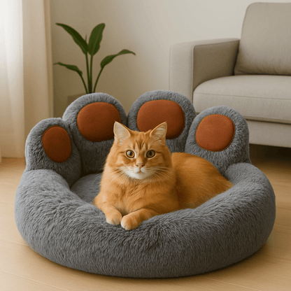 chat orange dans coussin chat forme patte ours doux gris