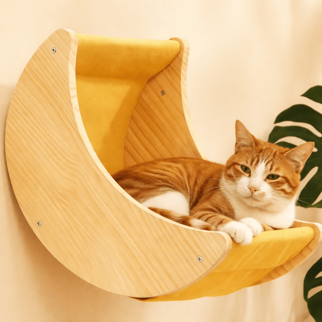 chat orange dans hamac pour chat mural forme croissant confortable