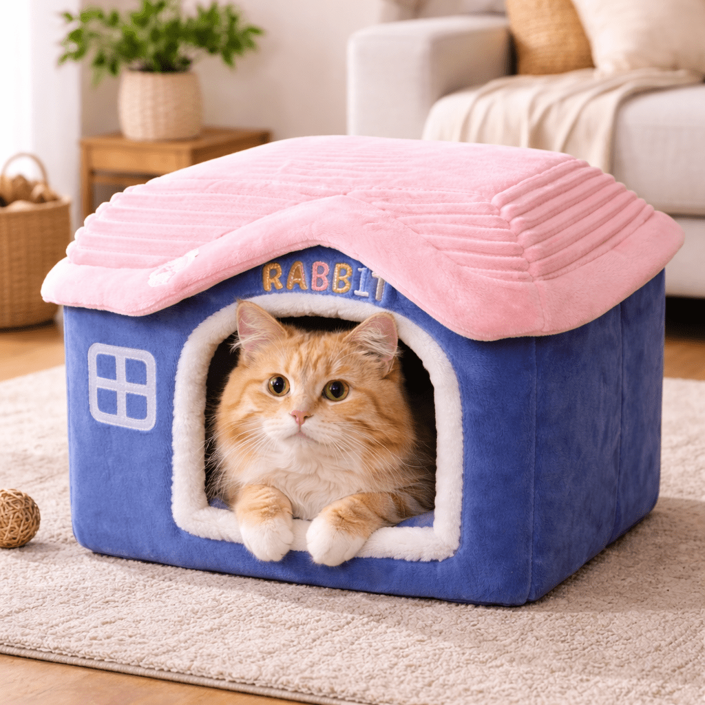 chat orange dans maison chat confortable douce bleu