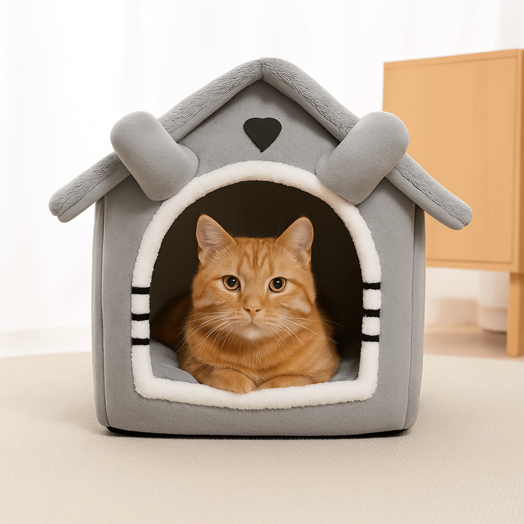 chat orange dans maison pour chat design mignon gris doux