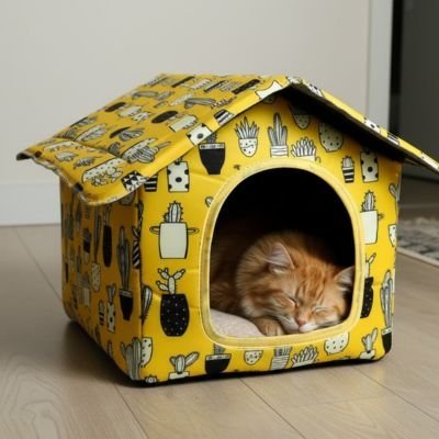 chat orange dans maison pour chat jaune confortable