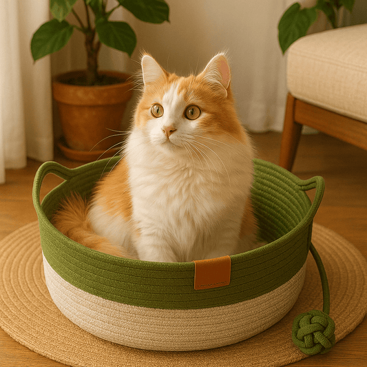 chat orange dans panier chat osier oreilles chat rond vert avec balle