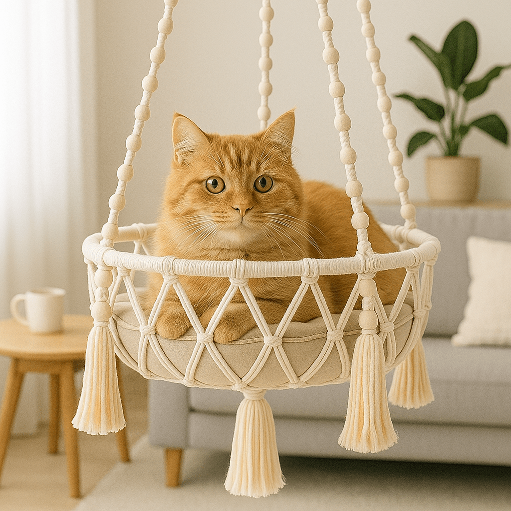 chat orange dans son hamac pour chat suspendu confortable