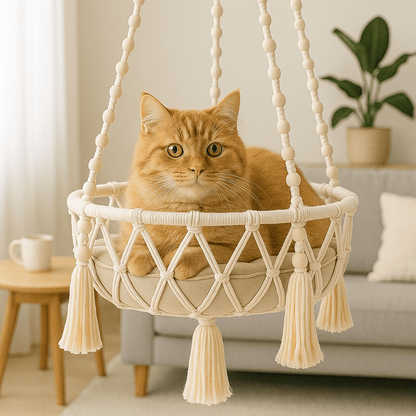 chat orange dans son hamac pour chat suspendu confortable