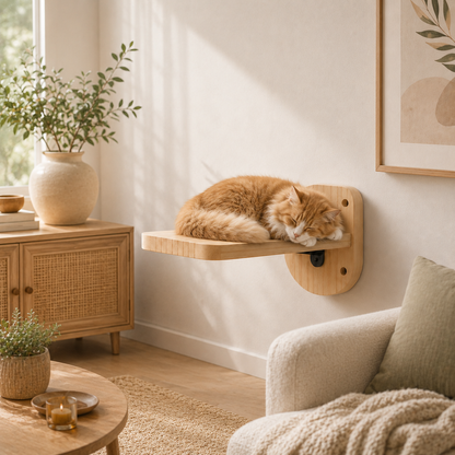 chat orange dormant sur plateforme murale pour chat en bois