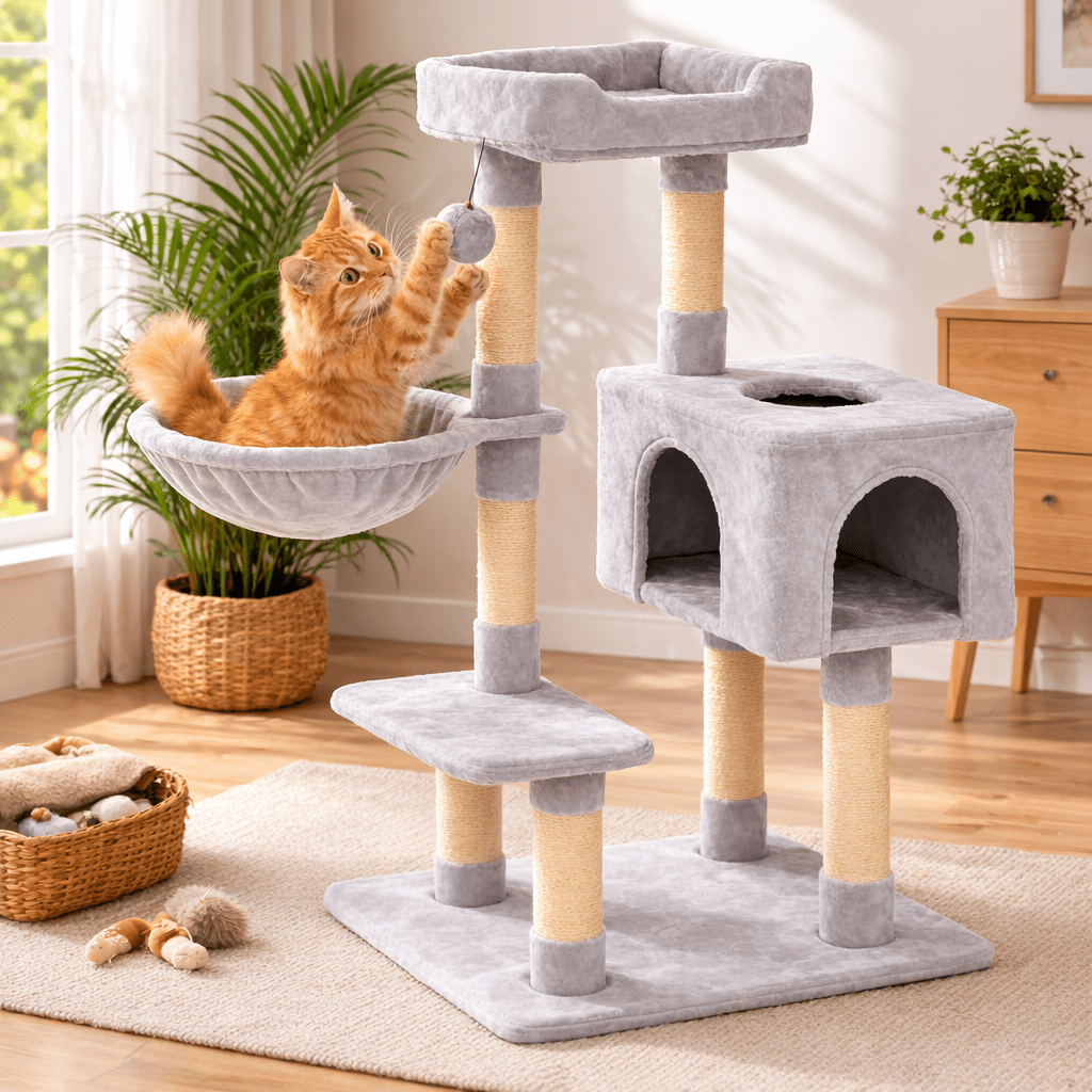 chat orange jouant dans arbre à chat 100cm confortable