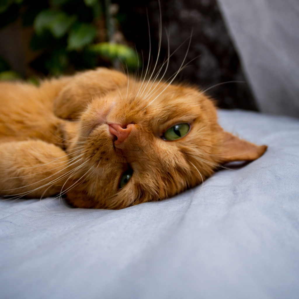 chat orange mignon couche sur dos regard paisible