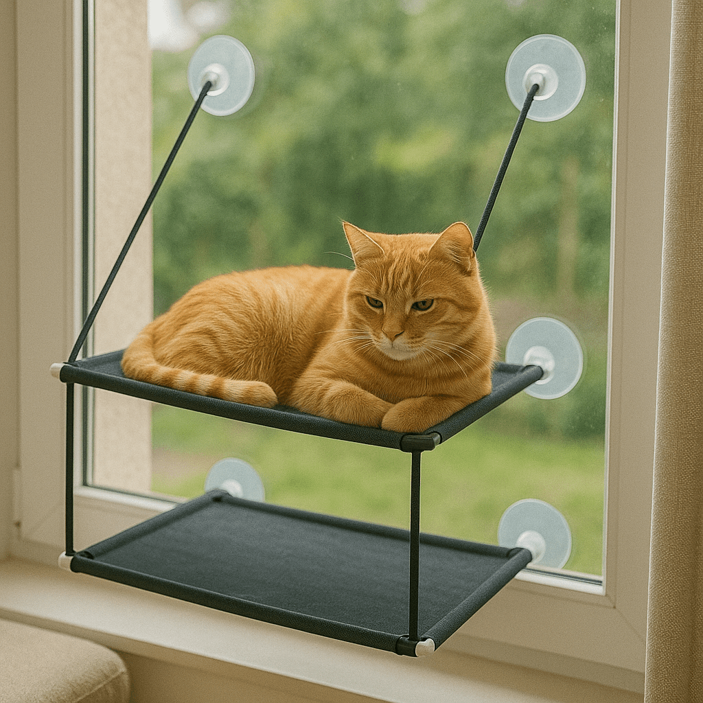chat orange sur hamac chat fenetre double etage gris confortable