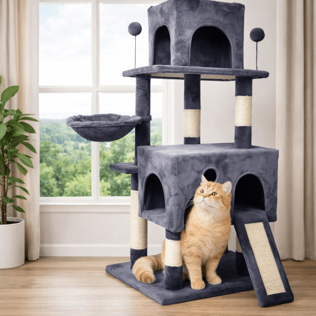 chat orange sur plateforme arbre à chat robuste 162cm