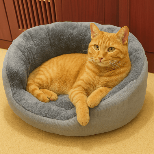 chat panier gris rond doux avec chat orange allonge