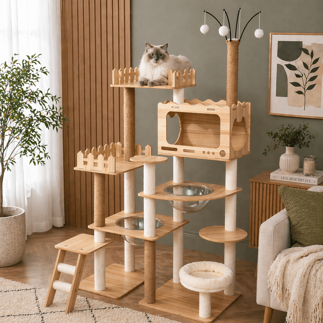 chat perche sur arbre a chat scandinave stable elegant