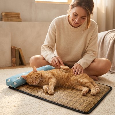 chat roux allonger sur tapis rafraichissant chat bleu
