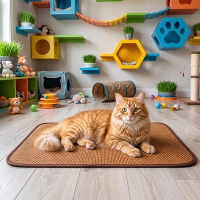 chat roux allonger sur tapis rafraichissant chat rotin