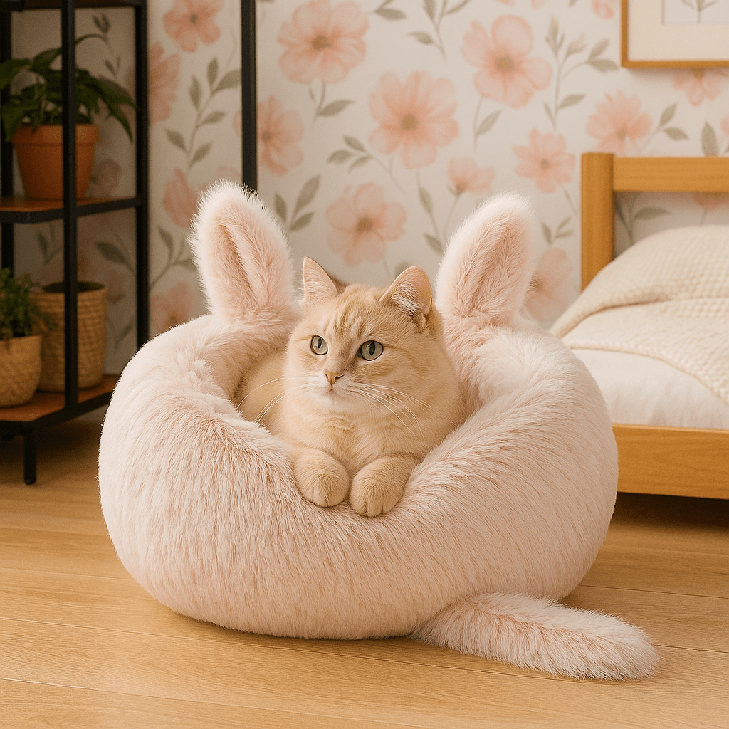 chat roux dans coussin pour chat doux rose rond design chat