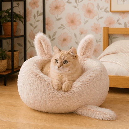 chat roux dans coussin pour chat doux rose rond design chat