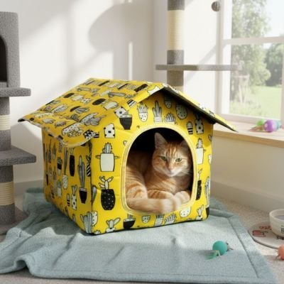 chat roux dans maison pour chat jaune confortable