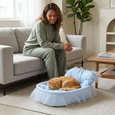 chat roux dormant dans panier chat design lit bleu