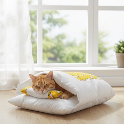 chat roux endormi dans lit pour chat design confortable