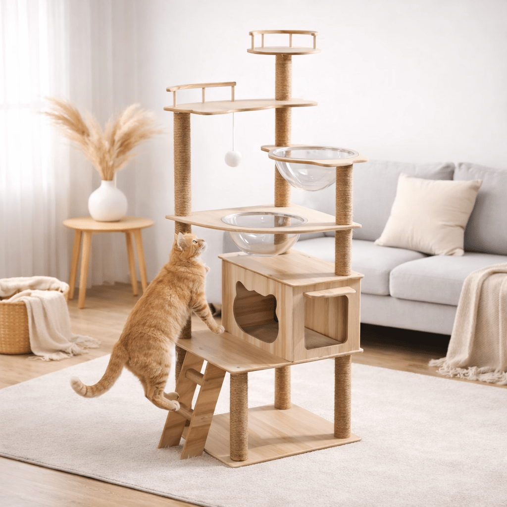 chat roux grimpant dans arbre a chat en bois spacieux
