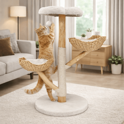 chat roux jouant sur petit arbre a chat nuage en bois