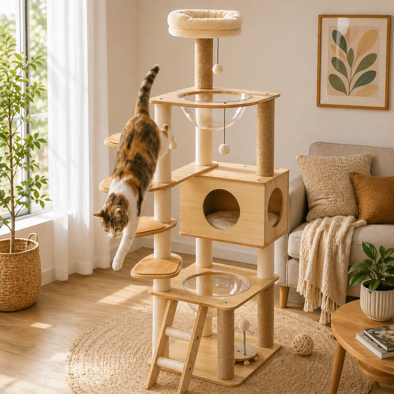 chat sautant arbre a chat scandinave avec niche amusant bois
