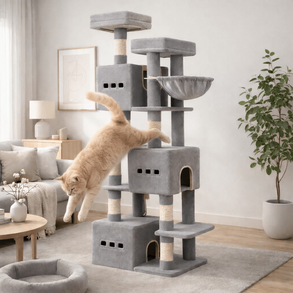 chat sautant dans gros arbre à chat xxl 
