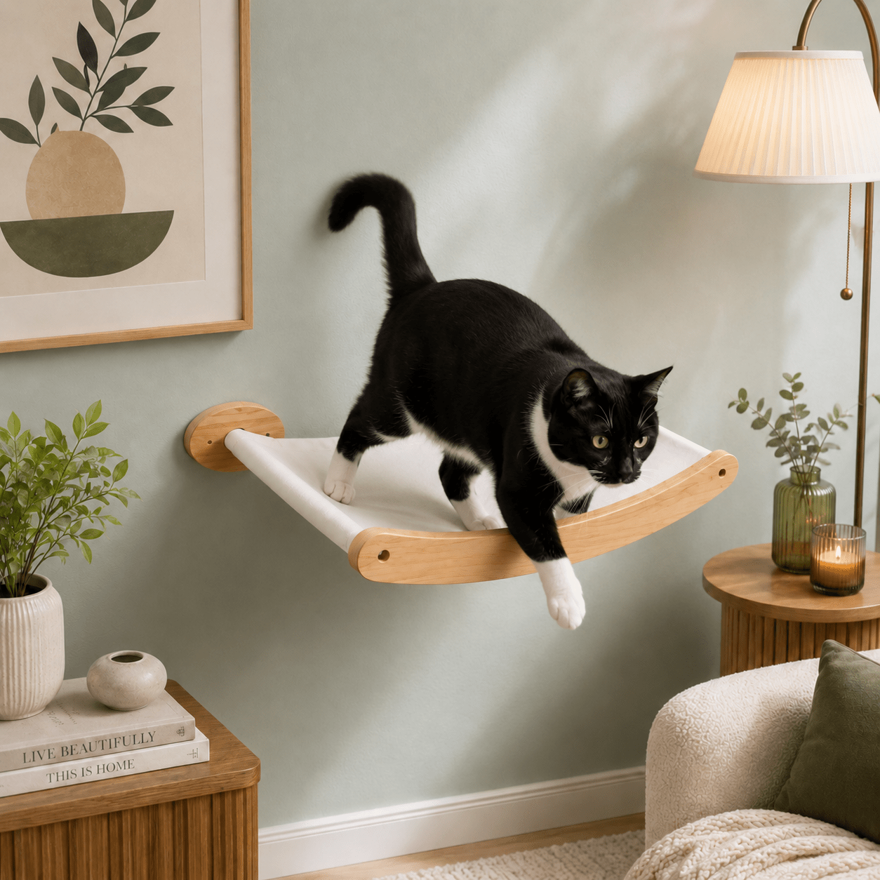 chat sautant hamac mural en bois pour chat