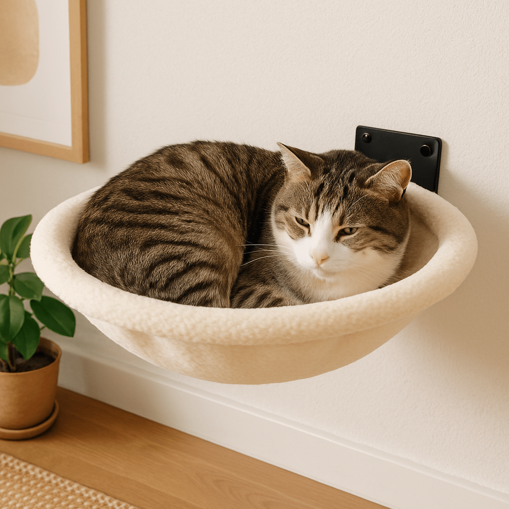 chat somnolent paisiblement dans hamac pour chat mural rond confortable blanc