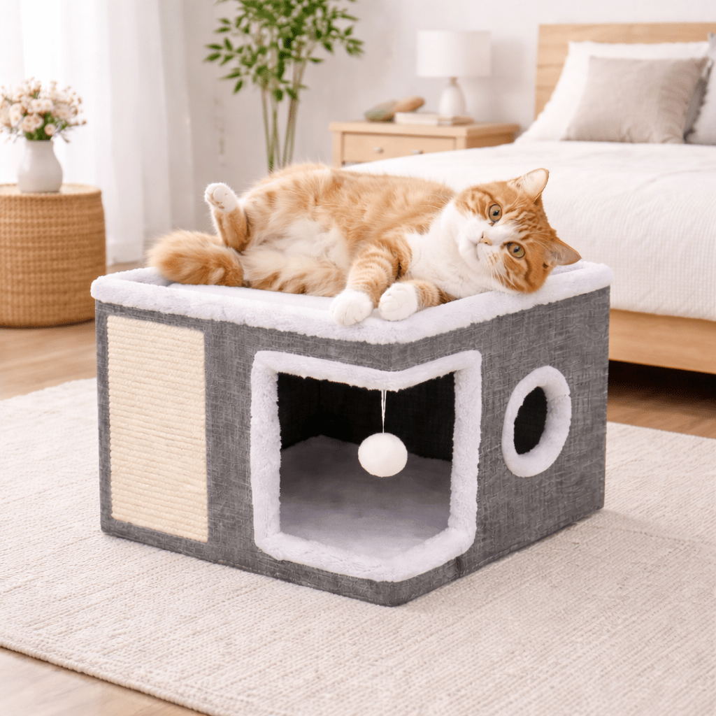 chat sur maisonnette chats cube amusante confortable grise