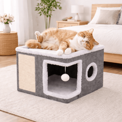 chat sur maisonnette chats cube amusante confortable grise