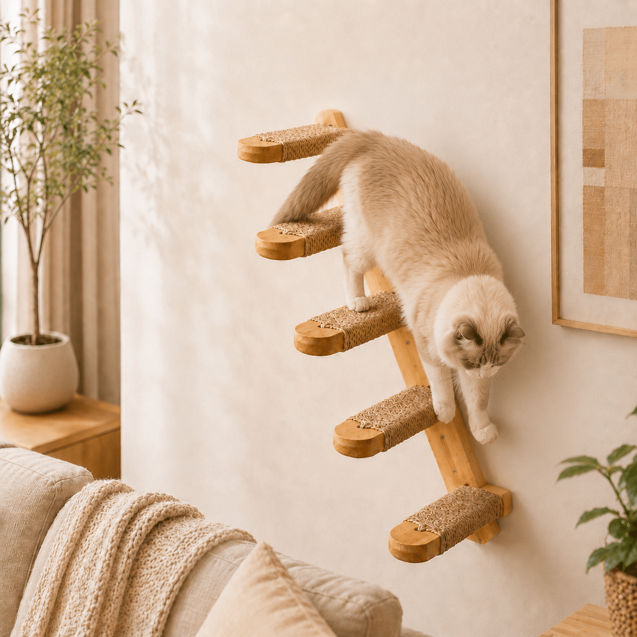 chat sur marches murales bois pour chat avec corde sisal