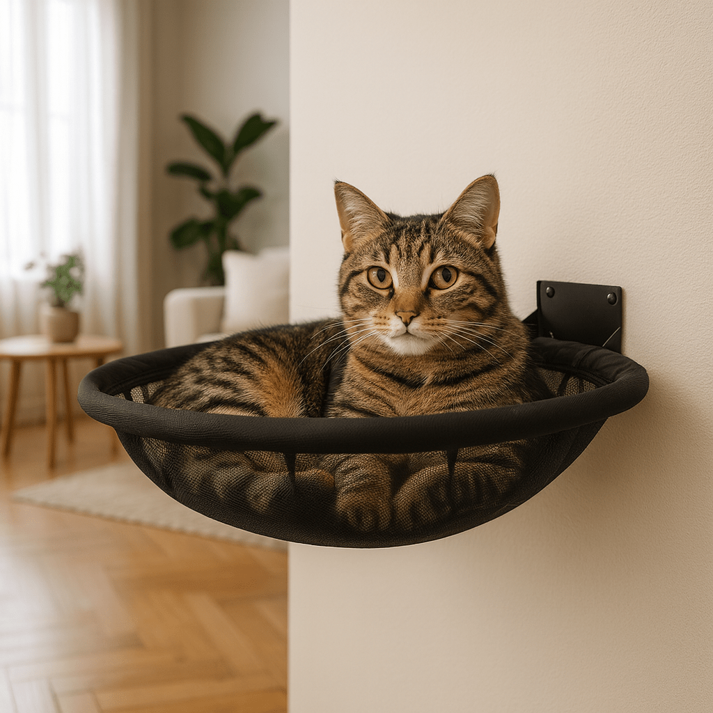 chat tigre adorable dans hamac pour chat mural rond confortable noir