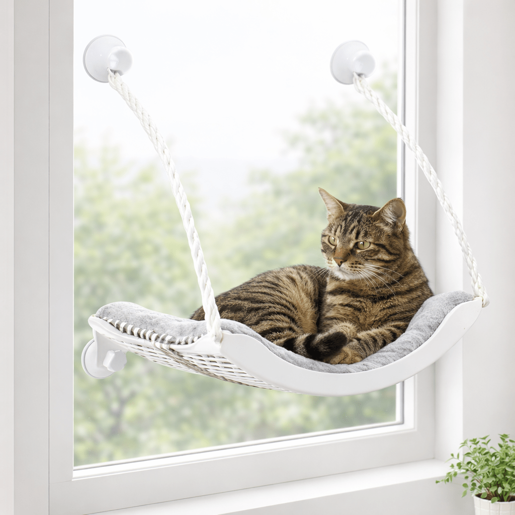 chat tigre allonge dans hamac pour chat fenetre blanc confortable