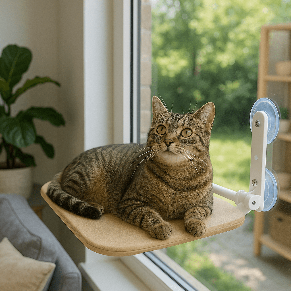 chat tigre allonge sur hamac chat fenetre ventouses confortable beige