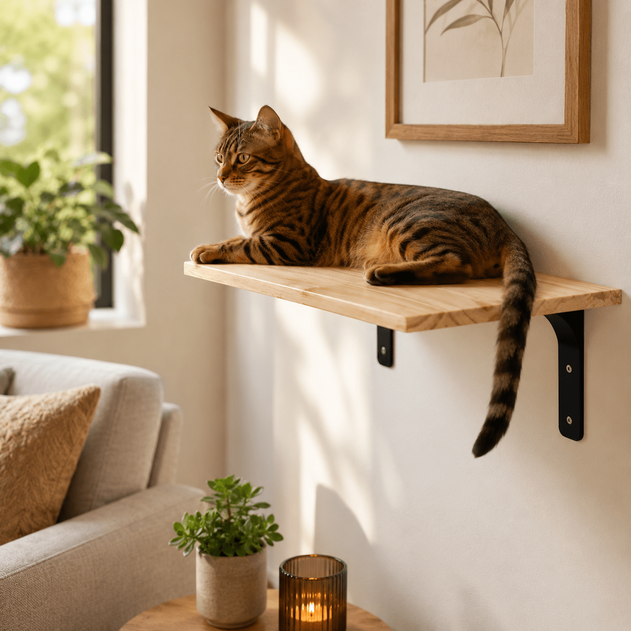 chat tigre allonge sur tablette murale bois stable