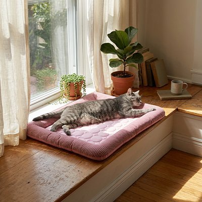 chat tigre allonger sur tapis rafraichissant chat rose