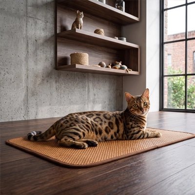 chat tigre allonger sur tapis rafraichissant chat rotin
