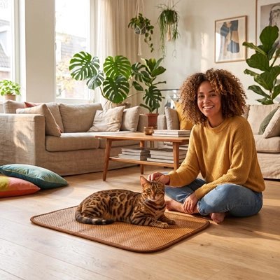 chat tigre coucher sur tapis rafraichissant chat rotin