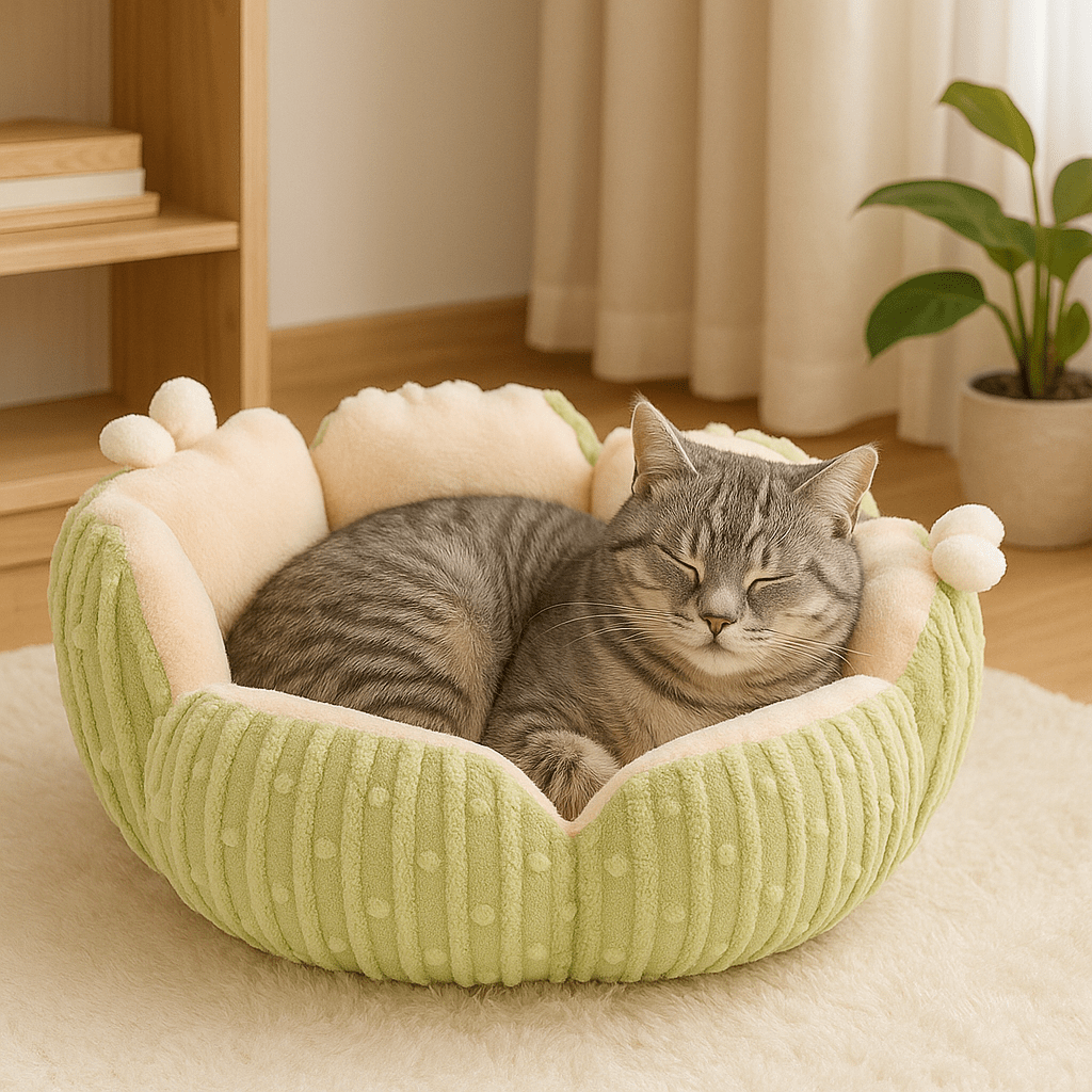 chat tigre dans coussin pour chat design fleur moelleux vert