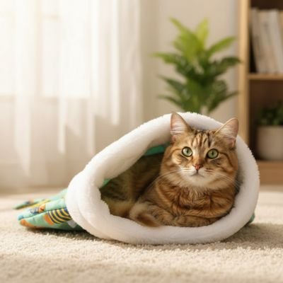 chat tigre dans lit pour chat confortable design poisson