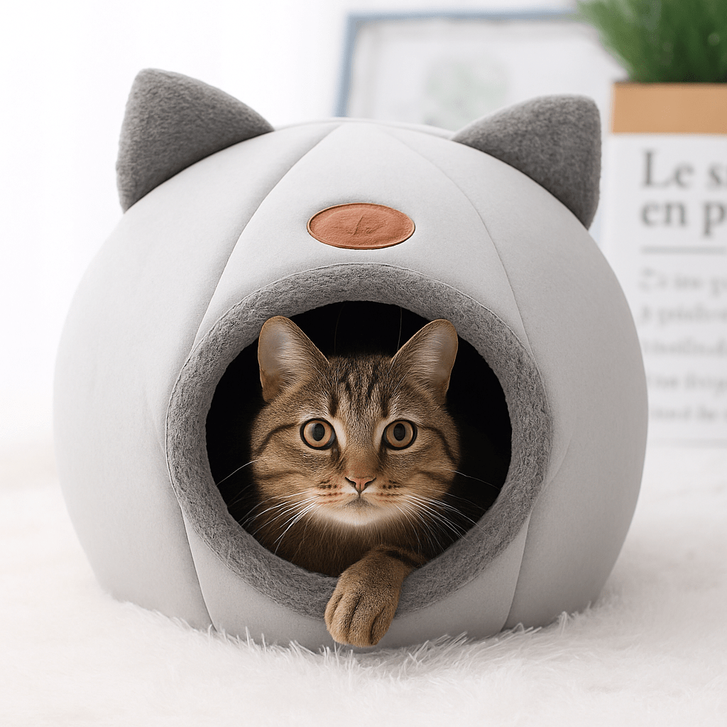 chat tigre dans niche pour chat design chat gris confortable