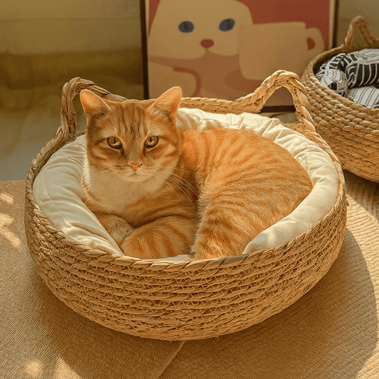 chat tigre dans panier chat osier avec oreilles chat et coussin